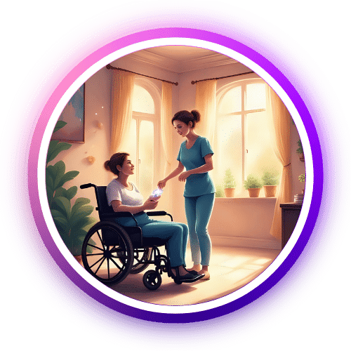 A caregiver provides emotional support and companionship to a woman in a wheelchair at home.