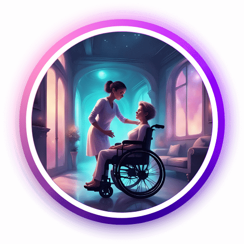A caring caregiver comforting a person in a wheelchair at home.