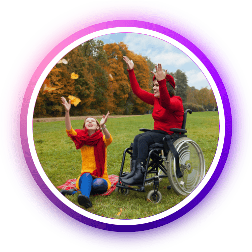 Inclusive outdoor fun with wheelchair and child during fall.